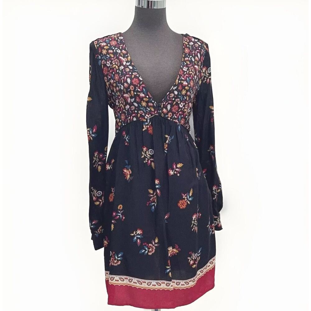Sezane Daphna Dress Women EU 40 US 8 Blue Floral Pullover Long Sleeve Deep V